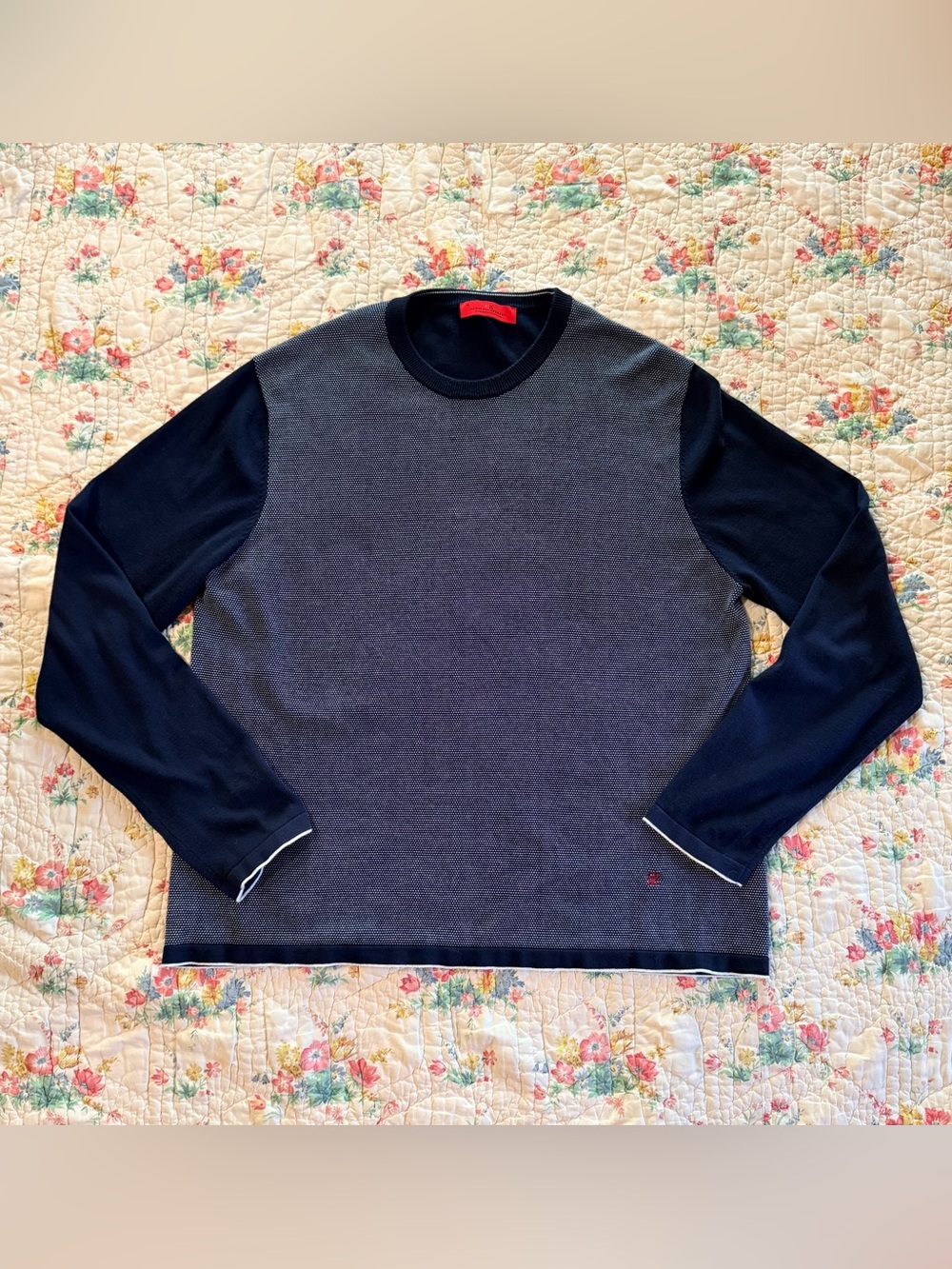 Men's Carolina Herrera Navy Blue Two-Tone Crewneck Sweater - XL - 100% Cotton